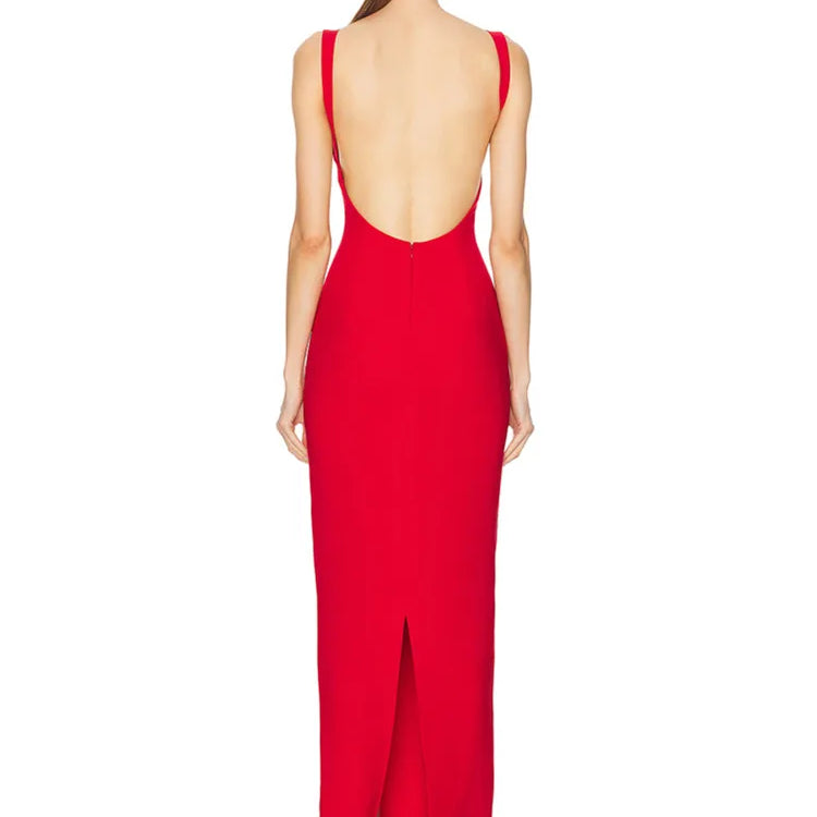 Women Sexy V Neck Backless Red Maxi Long Summer Celebrity Bodycon Bandage Dress 2025 Elegant Evening Club Party Dress