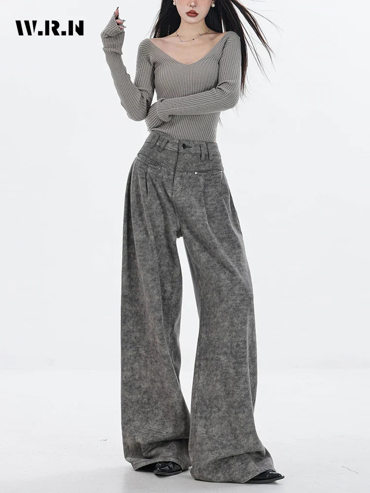 Spring Women's Casual Y2K Grunge Punk Style Denim Trouser American Retro High Waist Straight Jeans Pockets Hip-hop Pants