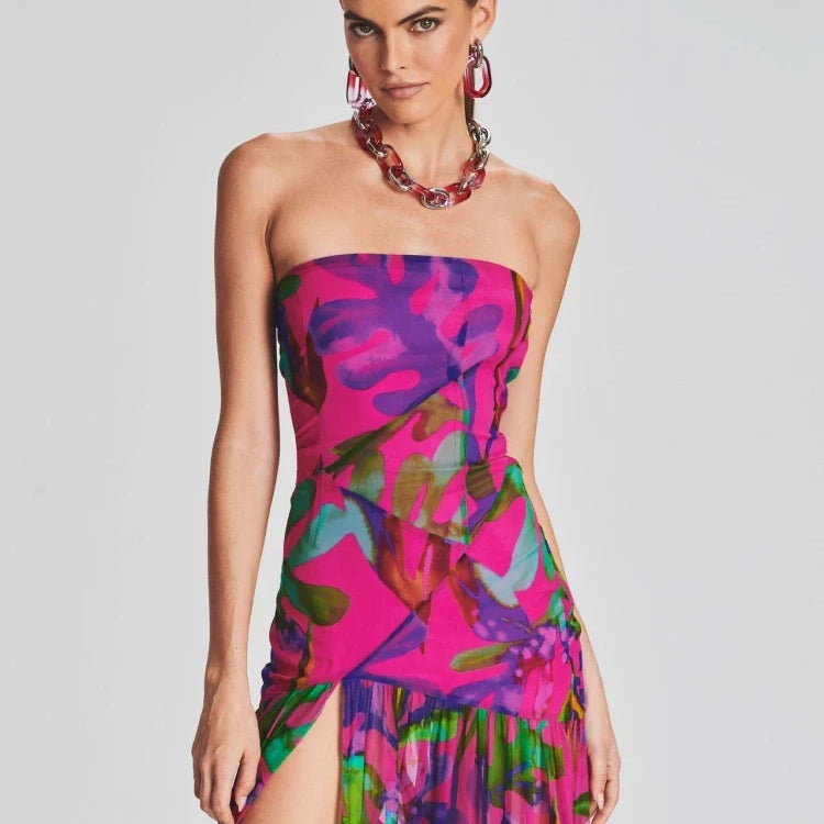 New Summer Print Strapless Mesh Patchwork Slit Long Dress Women Sexy Sleeveless Printed Split Colorful Vacation Maxi Dress Party