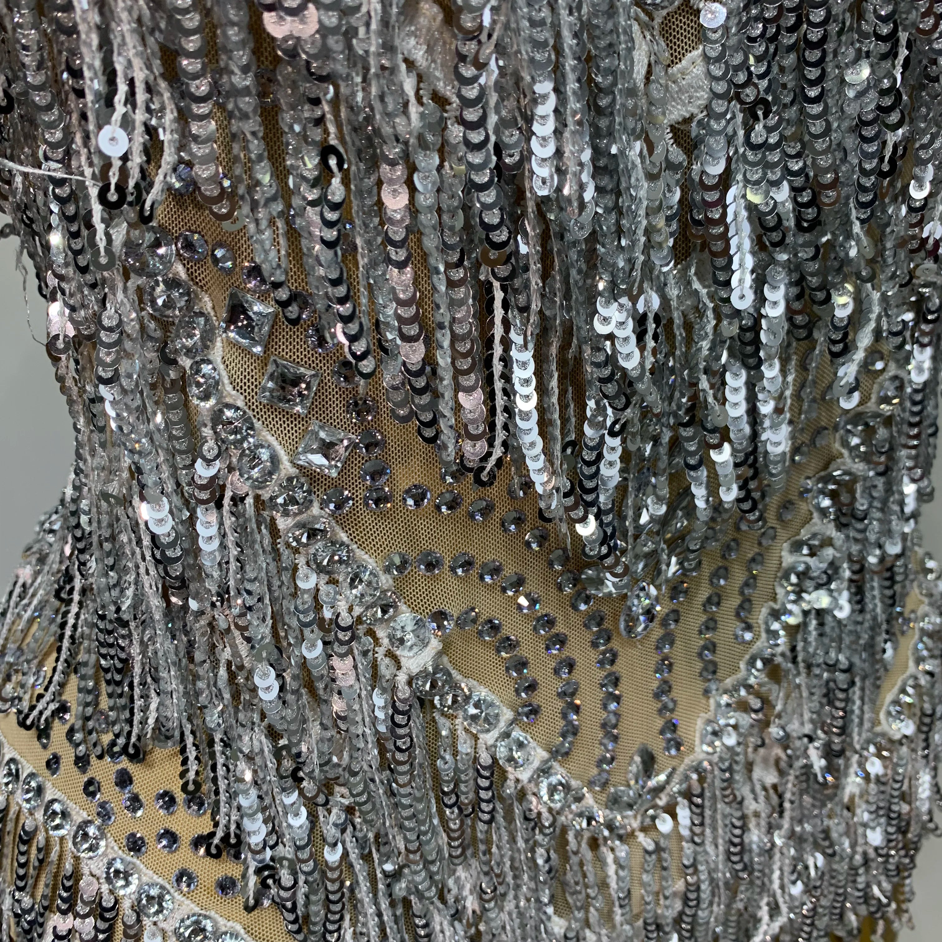 Sparkly Rhinestone Tassel Sexy Backless Mesh Bodysuit Women Luxury Birthday Party Nightclub Bar Dencer Stage performance Costume