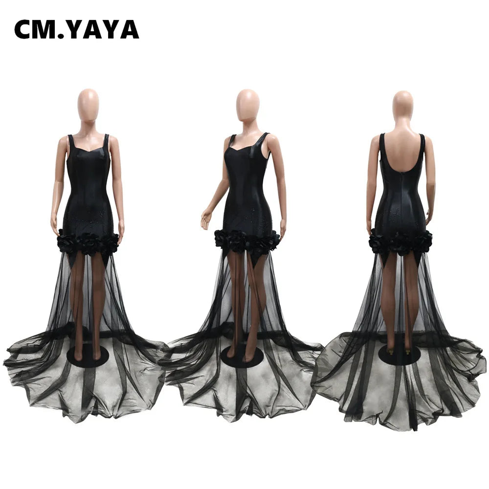 Diamonds 3D Flower Mesh See Through Women Sleeveless Bodycon Long Dress Birthday Party Evening Prom Maxi Mermaid Dresses