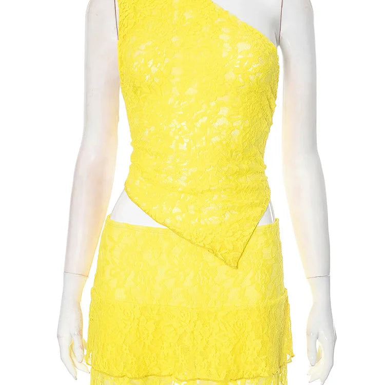 Sexy Slim Fit Women's Two-piece Set Patchwork Irregular Lace Top And Fashion Short Skirt Two-piece Set Ladies Outfits Yellow