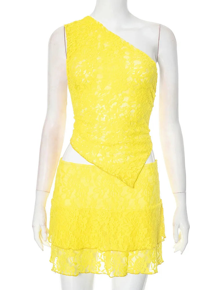 Sexy Slim Fit Women's Two-piece Set Patchwork Irregular Lace Top And Fashion Short Skirt Two-piece Set Ladies Outfits Yellow