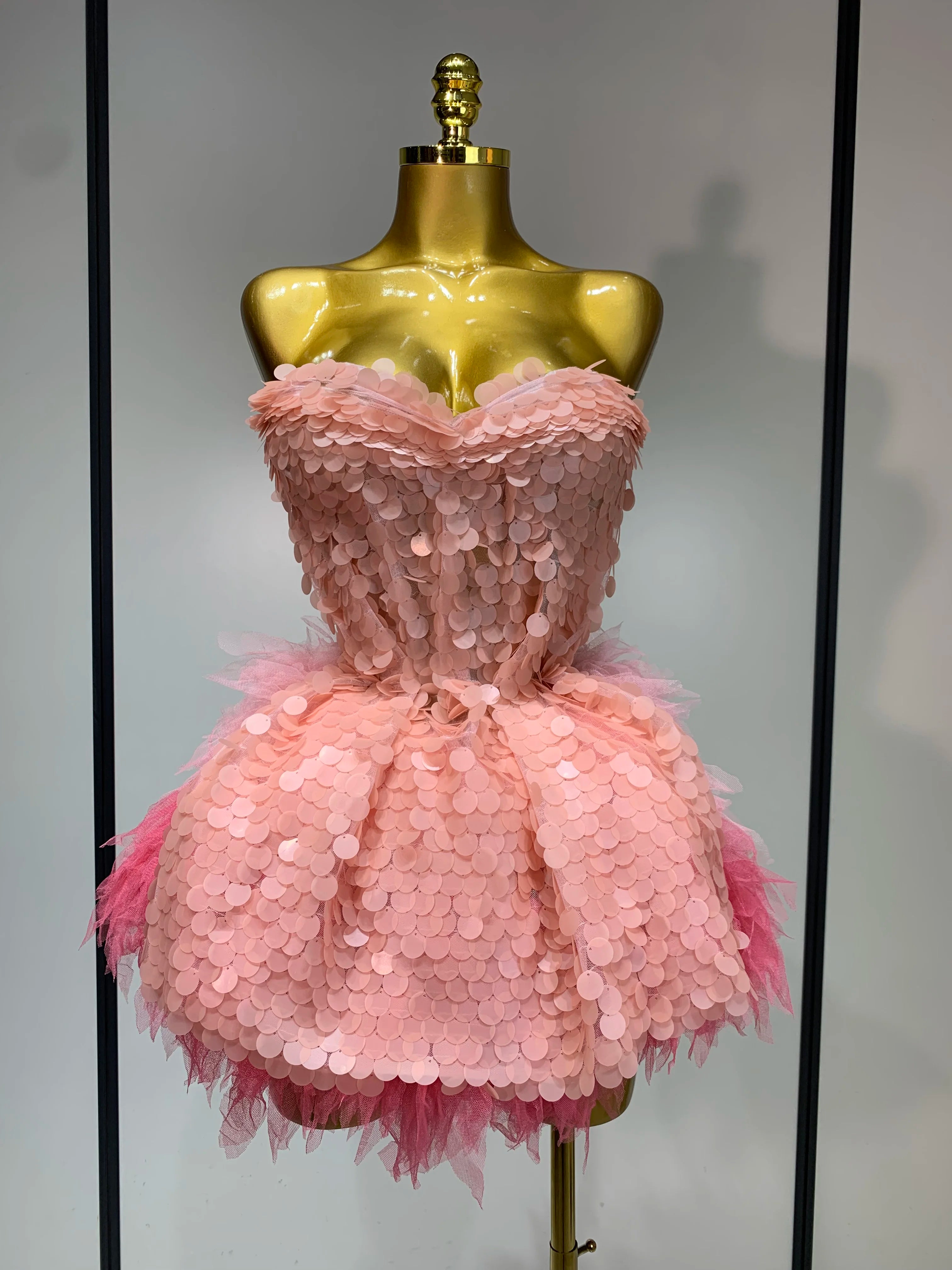 Two Pieces Set Women Stage Performance Costume Birthday Evening Party Nightclub outfit Drag Queen Sexy Backless Mini Skirt Set Pink