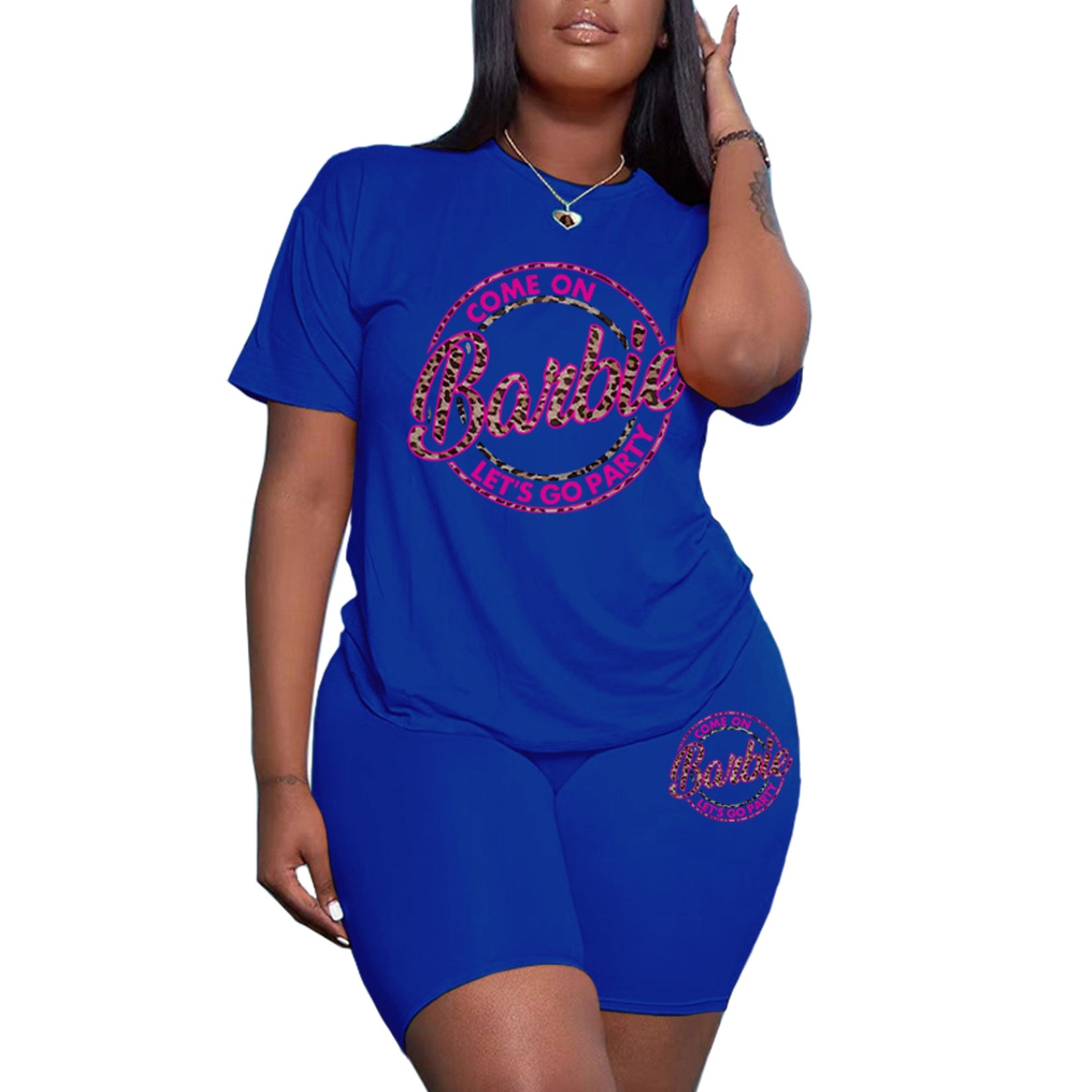 Summer Kawaii Barbie Girls 2Pcs Short Sleeve Shorts Ladies Fashion Casual Soft Sports T-Shirt Short Pants Suit Gifts Plus Size blue