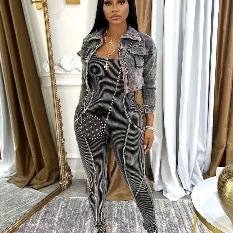 Fashion Women's Set Washed Knitted Long Sleeve V-neck Coats+pencil Jumpsuits Active Two 2 Piece Set Outfits Tracksuit