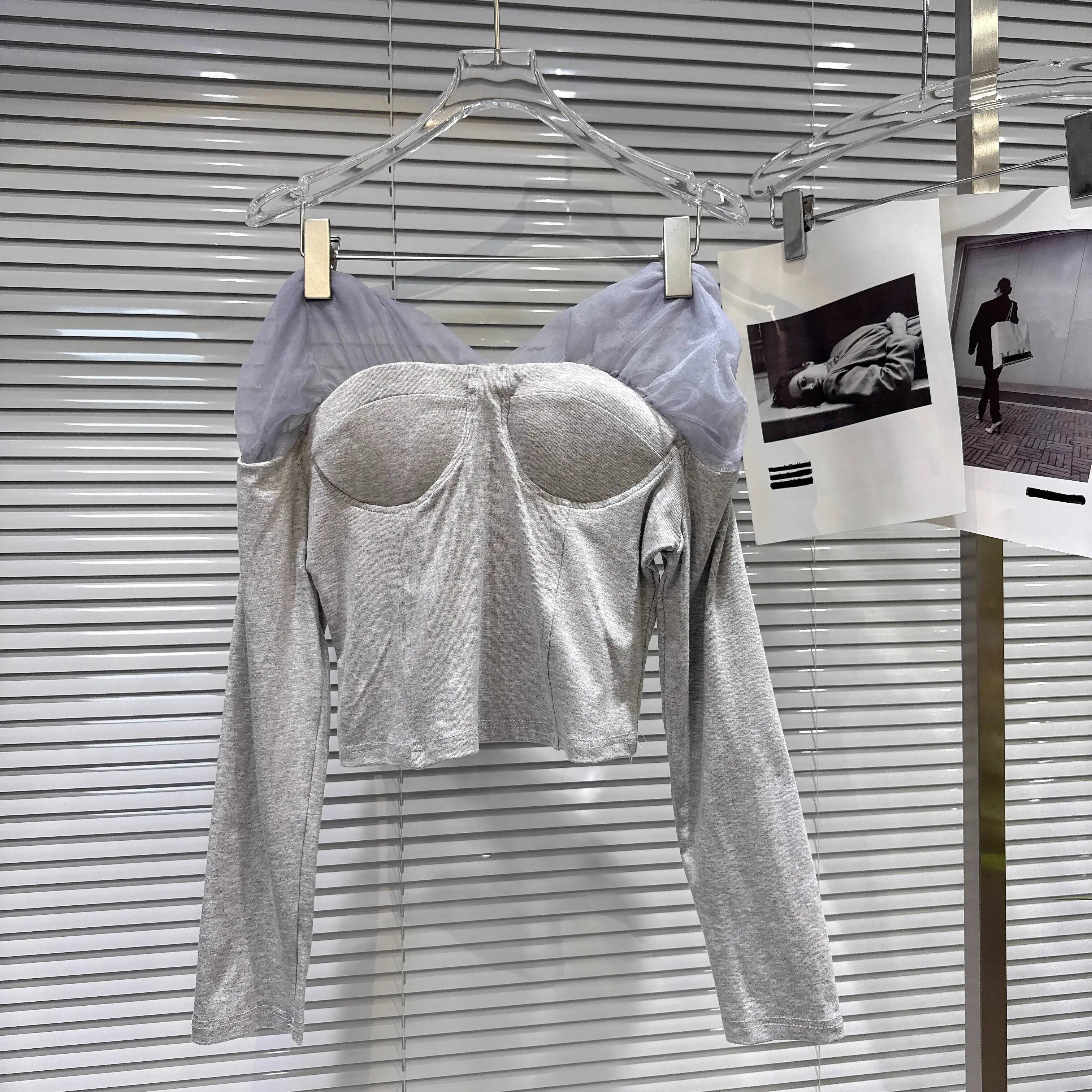 Winter New Fashion Sweet Mesh Patchwork Design Chest Pad Long Sleeve T-Shirt For Women Slim Fit Tops Female 11A07751 Gray One Size