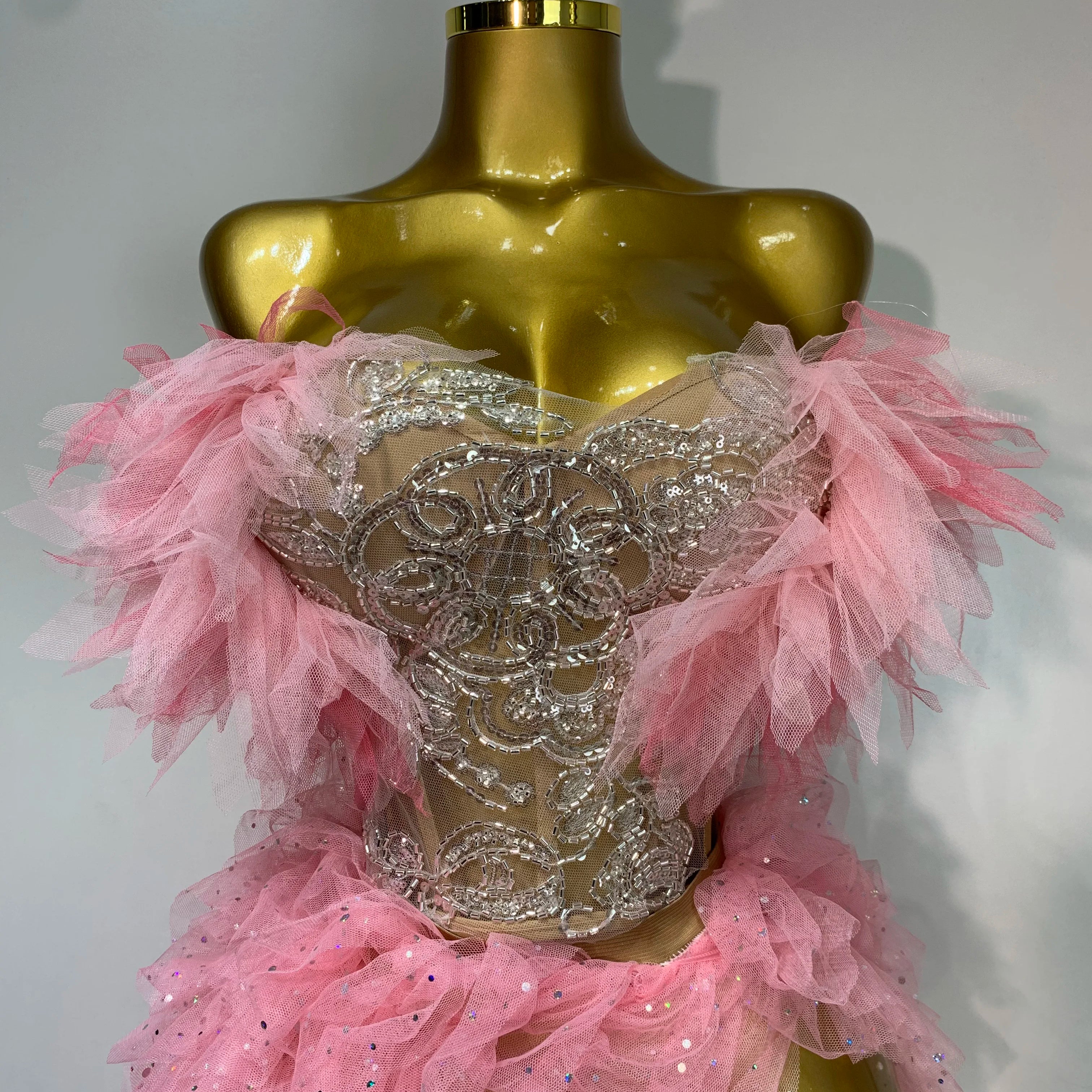 Women Sexy Strapless Ruffles two Pieces Set Bodycon Long Dress High Split Fashion Nightclub Party Birthday Singer Stage Outfit