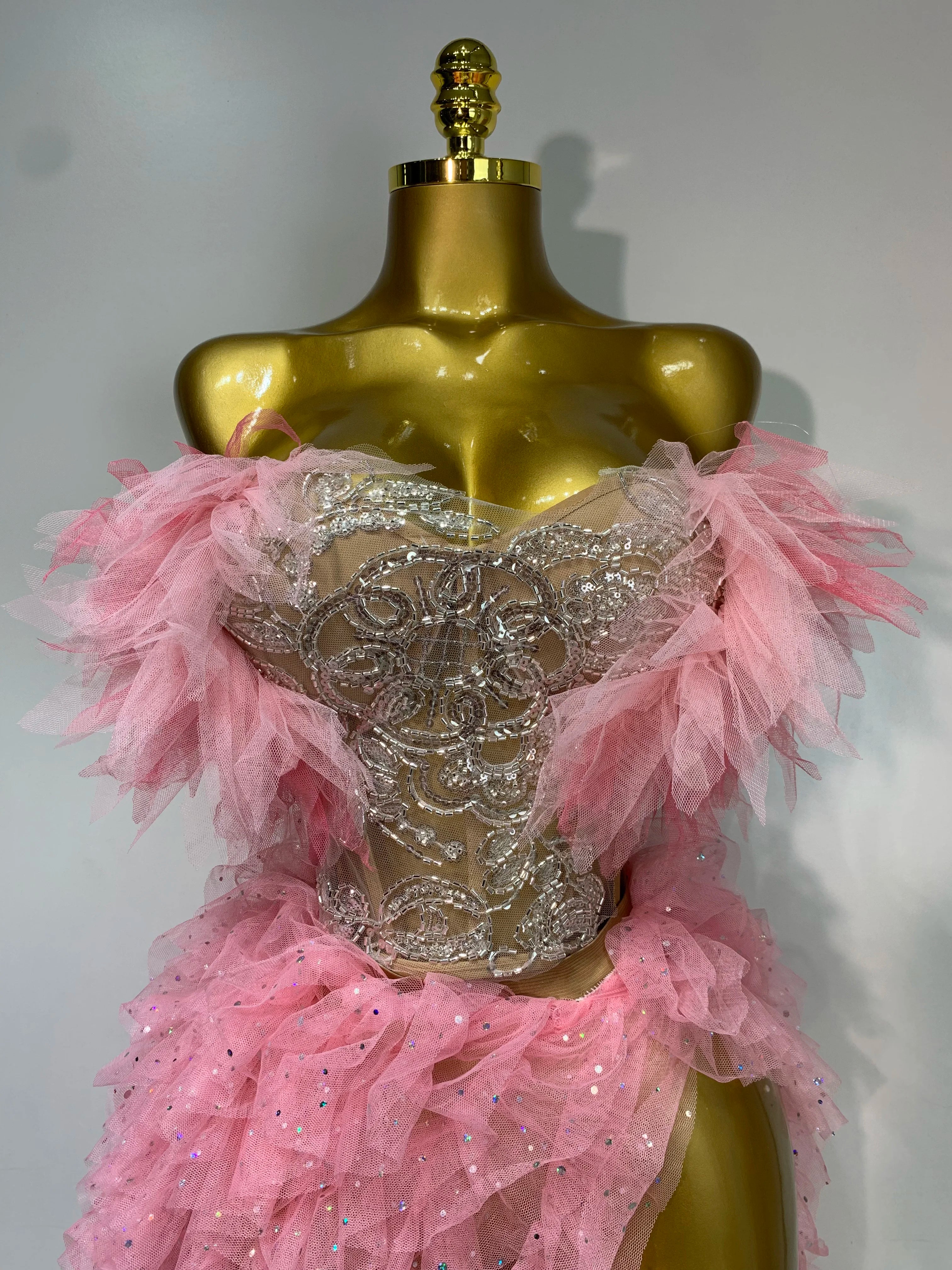 Women Sexy Strapless Ruffles two Pieces Set Bodycon Long Dress High Split Fashion Nightclub Party Birthday Singer Stage Outfit