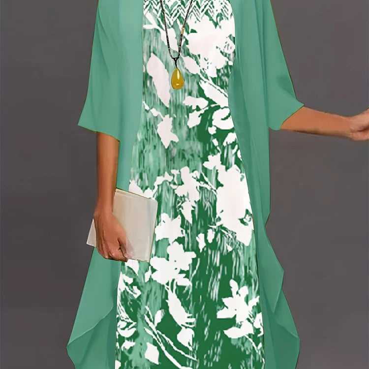 Plus Size 2024 Autumn New Women's Floral Printed Long Dress Printed Pattern Two-piece Dress Round Neck Temperament Elegant Dress