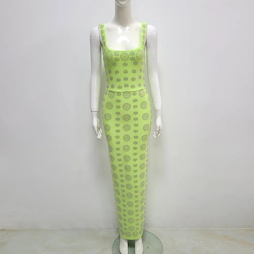 Shinning Rhinestones Women Sleeveless Sexy O-Neck Bodycon Long Bandage Dress Fashion Celebrate Evening Party Cocktail Dress army green