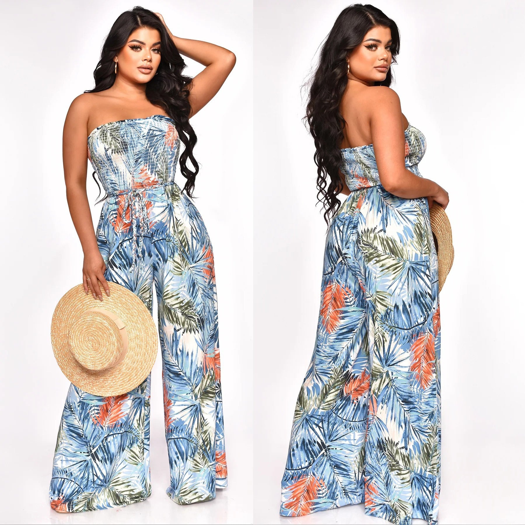 Sexy Tube Jumpsuits One Piece Rompers 2024 Women Summer Vacation Clothes Elegant Bodycon Wide Leg Pant Sleeveless Jumpsuit Blue