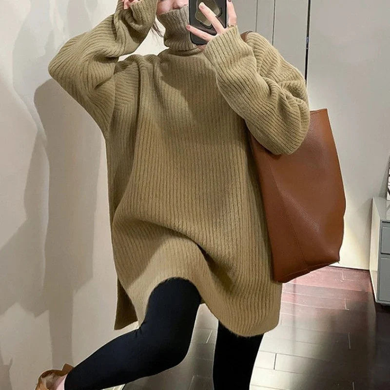 Women Simple Casual Oversized Turtleneck Knitted Sweater 2023 Autumn Winter Trendy Split Long Sleeve Pullover Tunic Tops Jumpers Khaki
