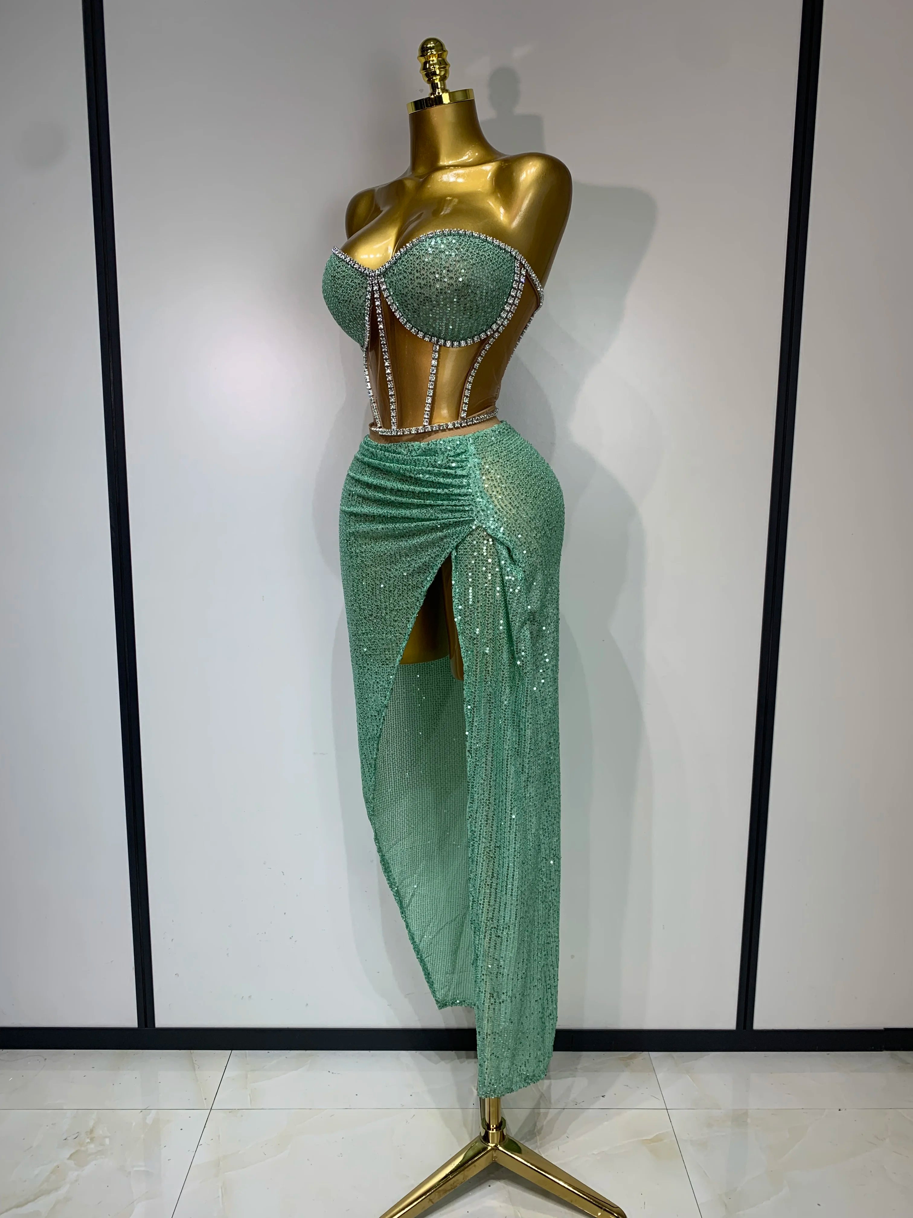 Women Sexy Nightclub Skirt Sets Strapless Diamonds Sequines Two Piece Sets Gogo Performance Outfit Evening Party Birthday Dress