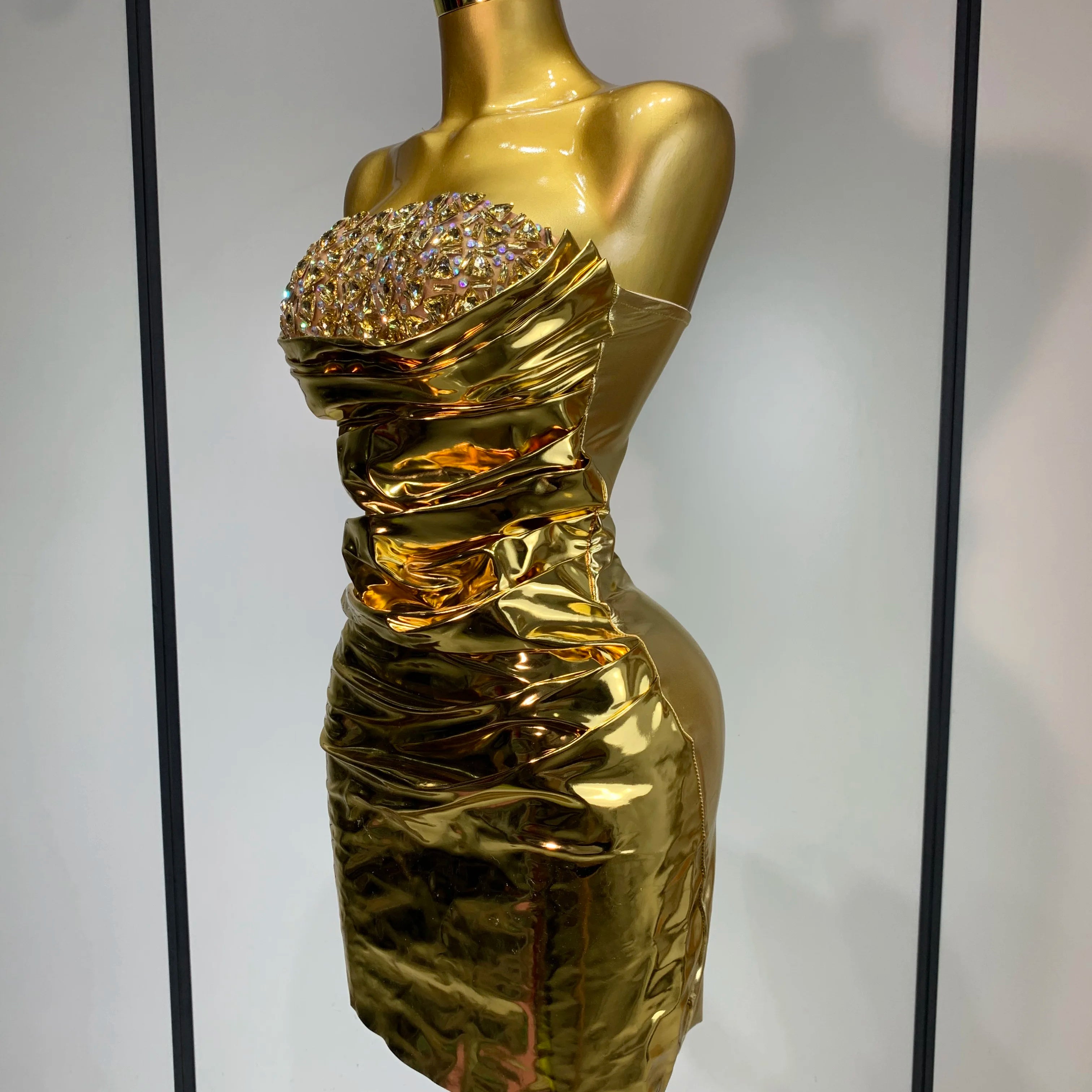 Sparkly Rhinestone Sexy Strapless Bodycon Mini Dress Women Luxury Birthday Evening Party Celebrate Performance Stage Costume