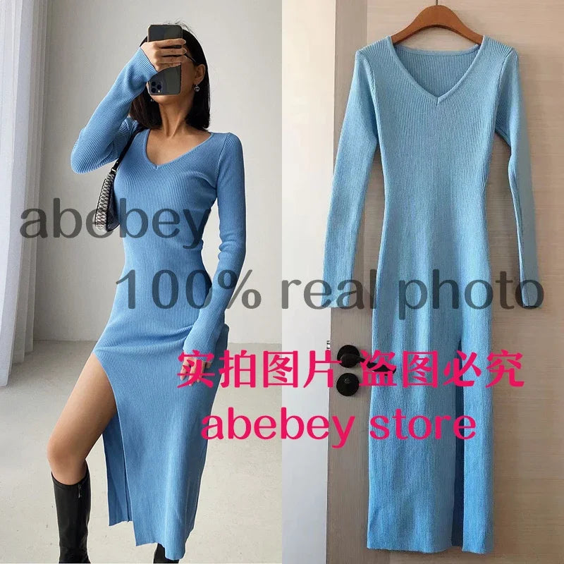 spring and winter sexy French slit sweater dress female slim tight-fitting hip-knit over-the-knee dresses blue dress