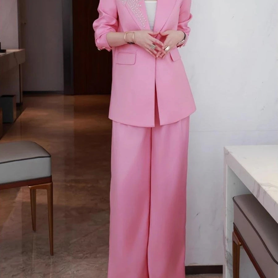 Solid Spliced Appliques Two Piece Sets for Women Lapel Long Sleeves Patchwork Button Top High Waist Pant Set Female
