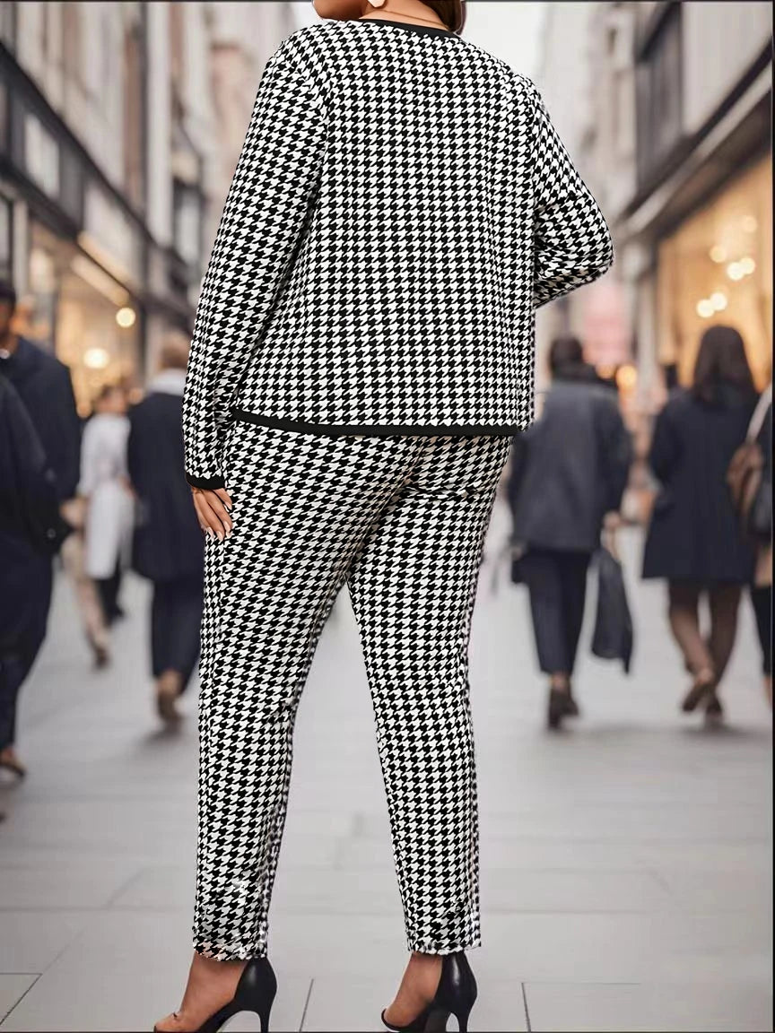 Large size directional elegant and fashionable houndstooth round neck women's long pants set, casual and versatile spring and au