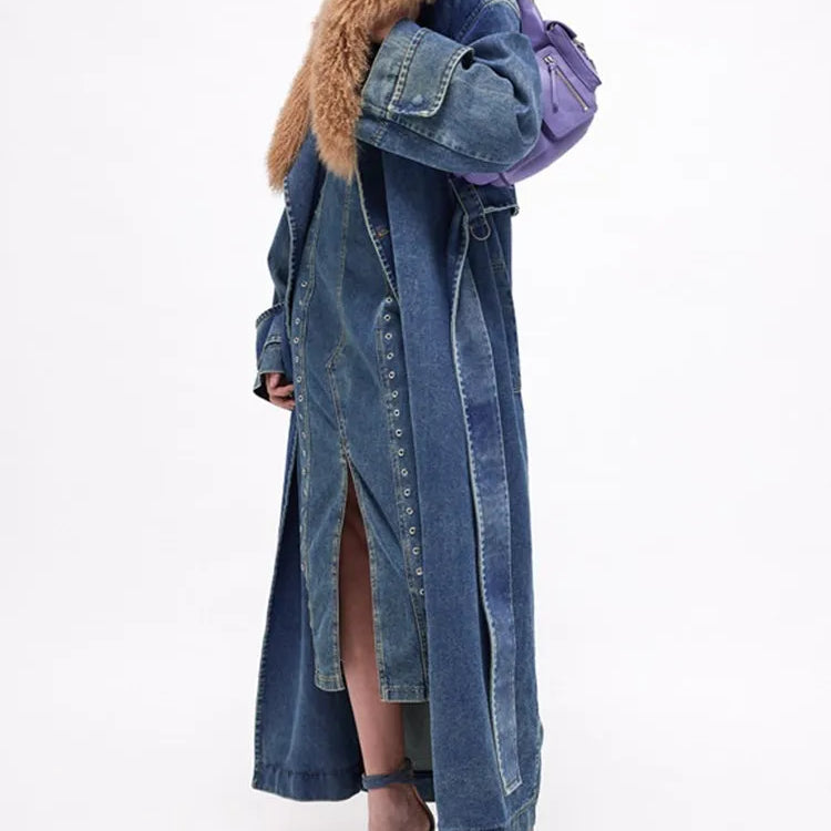 Colorblock Patchwork Lace Up Denim Coat For Women Fur Collar Long Sleeve Loose Casual Trench Female Fashion Style