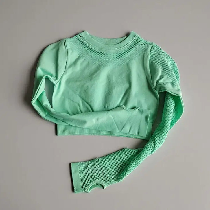 Seamless Yoga Set Sport Outfits Women 2pcs Two Piece Hollow Long Sleeve Crop top Leggings Workout Wear Gym Suit Fitness Sets Green Top
