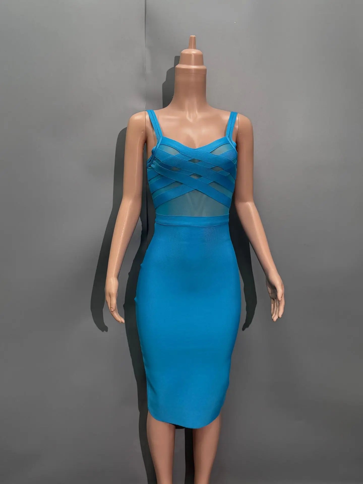 Skyblue Color Women Sleeveless Sexy Strap V-Neck Mesh Bodycon Mini Bandage Dress Nightclub Party Celebrate Evening Outfit