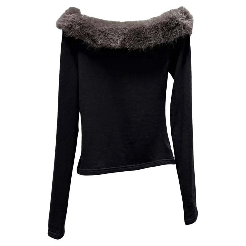 Winter New Fashionable Furry Collar Off-shoulder Long Sleeve T-shirt For Women Slim Fit Versatile Tops Female 11A07947