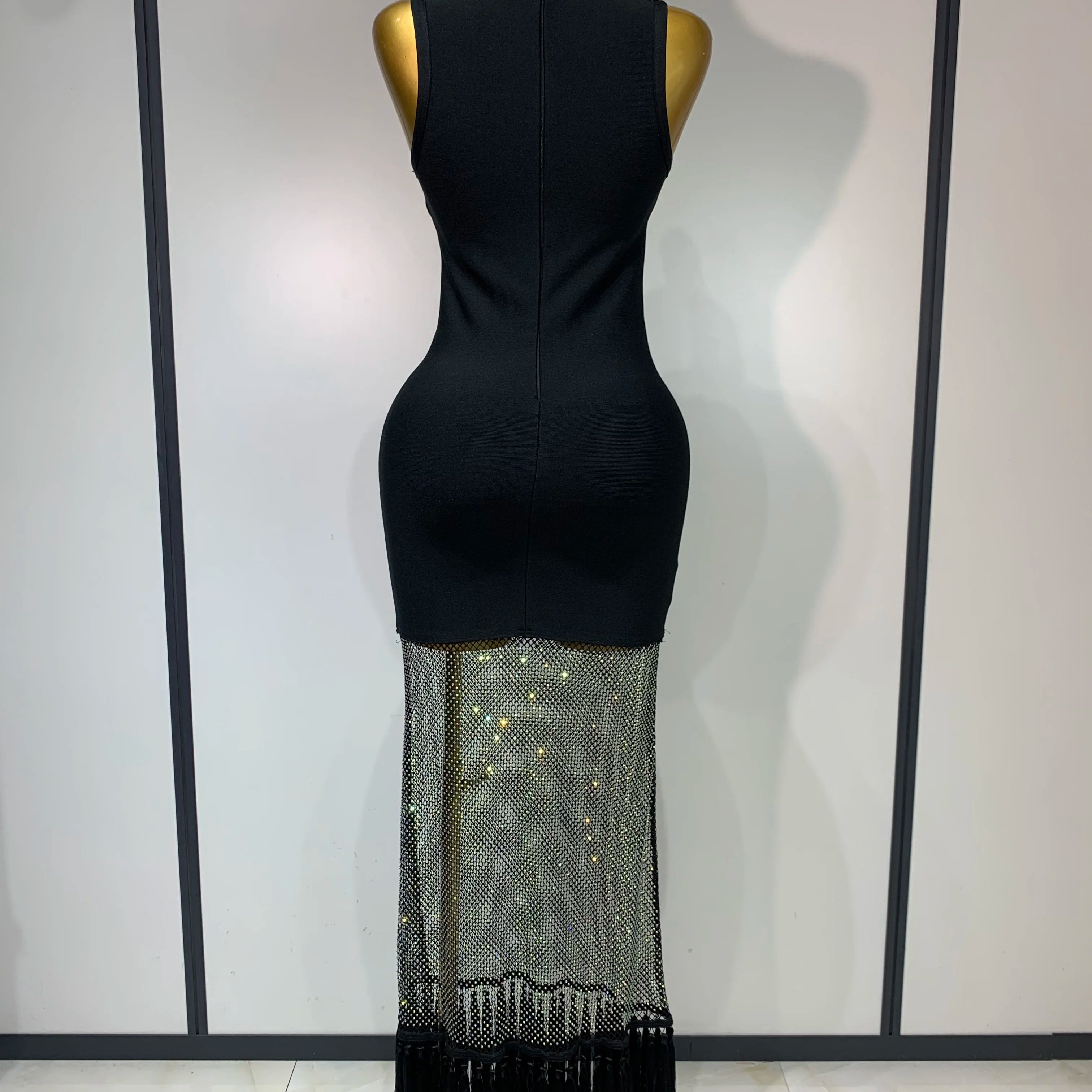 2025 New Fashion Black Sleeveless Sparkly Diamonds Tassel Bandage Dress Celebrity Cocktail Evening Party Luxury Birthday Gown