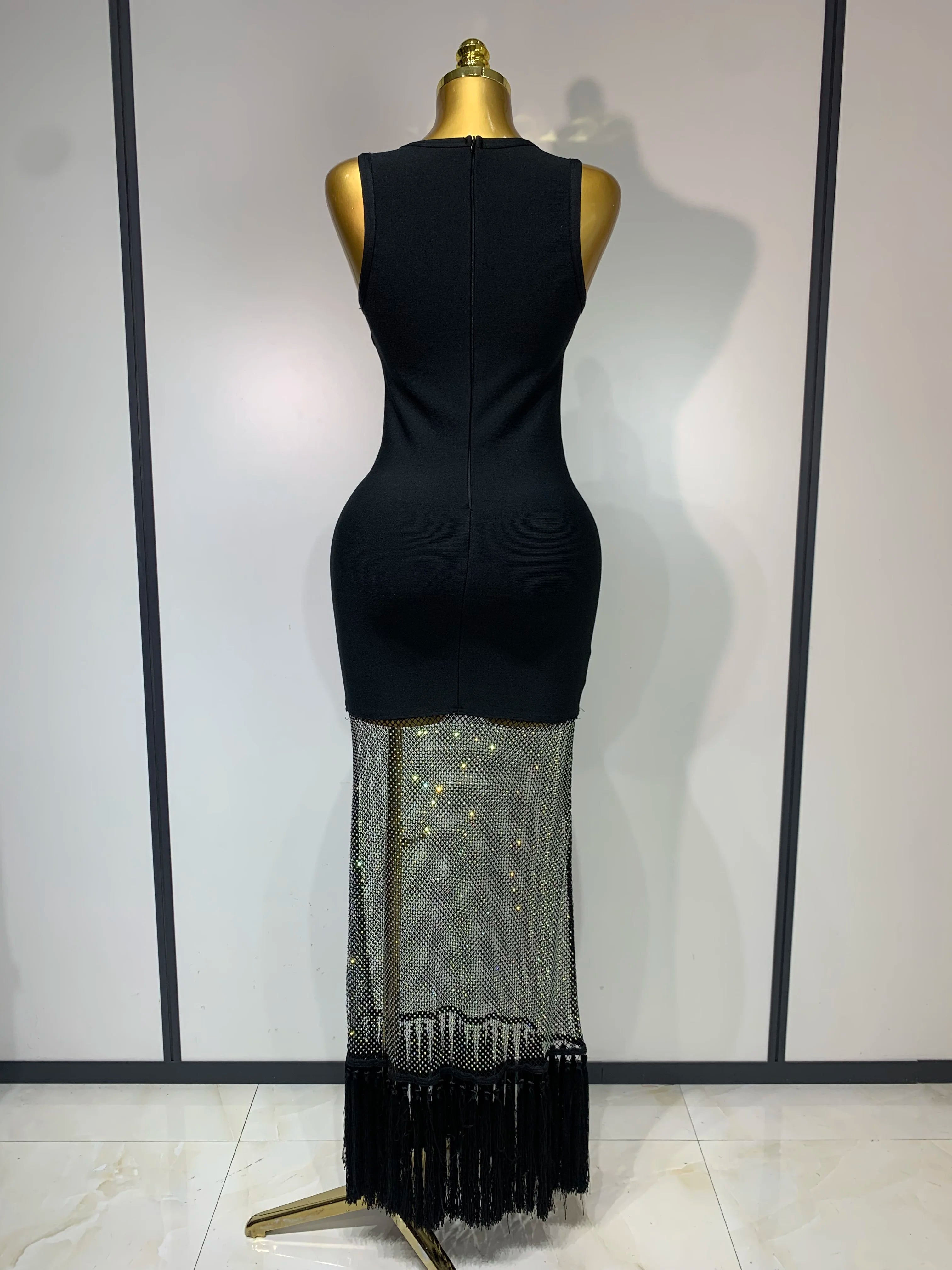 2025 New Fashion Black Sleeveless Sparkly Diamonds Tassel Bandage Dress Celebrity Cocktail Evening Party Luxury Birthday Gown