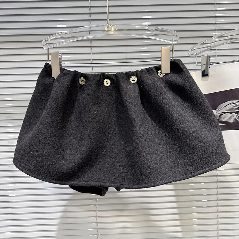 Winter New Niche Fashion Button Black Wool Puff Skirts For Women Elastic Waist Short Skirt Female Trendy 11A07575 Black