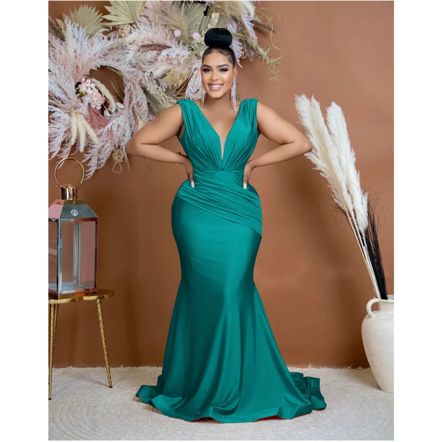 Women Draped Waist Shoulder Sleeveless Deep V-neck Maxi Long Trumpet Mermaid Dress 2023 Club Sexy Party Evening Dresses green