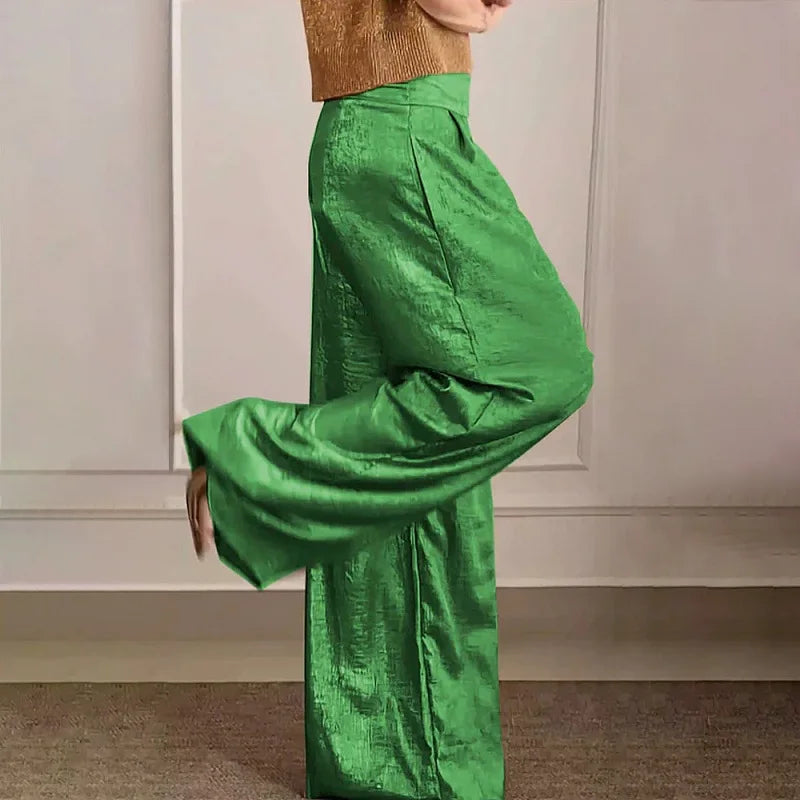 Spring Vintage Metallic Color Casual Pants Women Fashion High Waist Loose Straight Trousers Summer Pocket Wide Leg Pant Harajuku Green