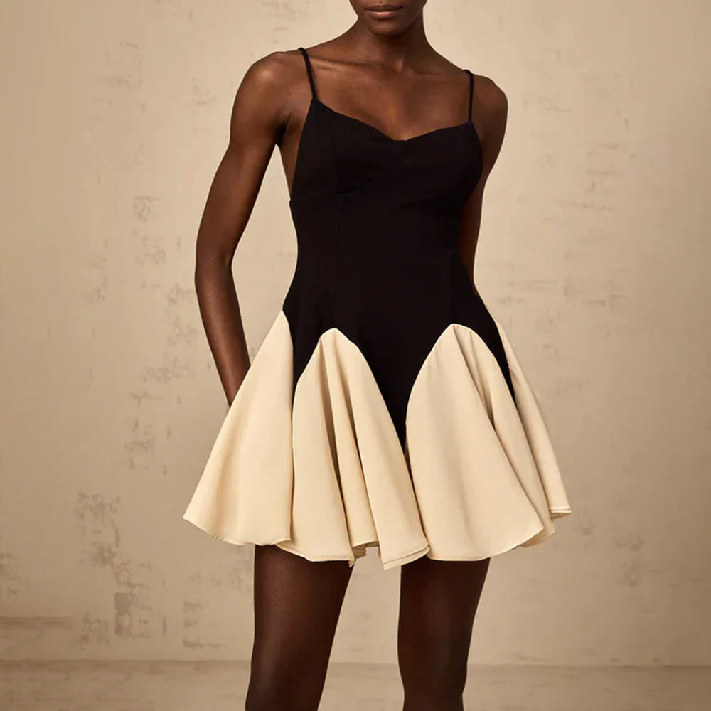 Hit Color Temperament Dresses for Women Square Neck Sleeveless Patchwork Ruffles Minimalism Dress Female Clothing BLACK