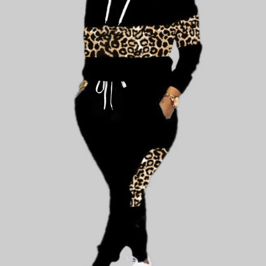 LW Plus Size Hooded Collar Leopard Print Tracksuit Set Drawstring Long Sleeve Hoodie & Pocket Design Pants Two-Pieces Set black