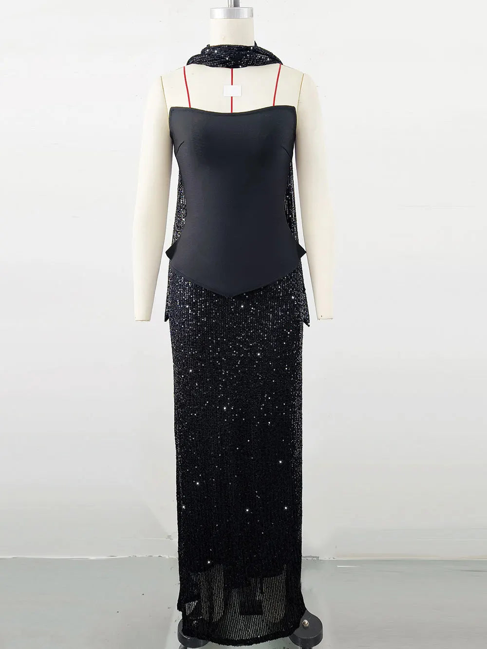 2025 Elegant Women's Light Luxury Dress+Strapless Sleeveless Bodycon Patchwork Long Dress Cocktail Evening Party Vestidos black