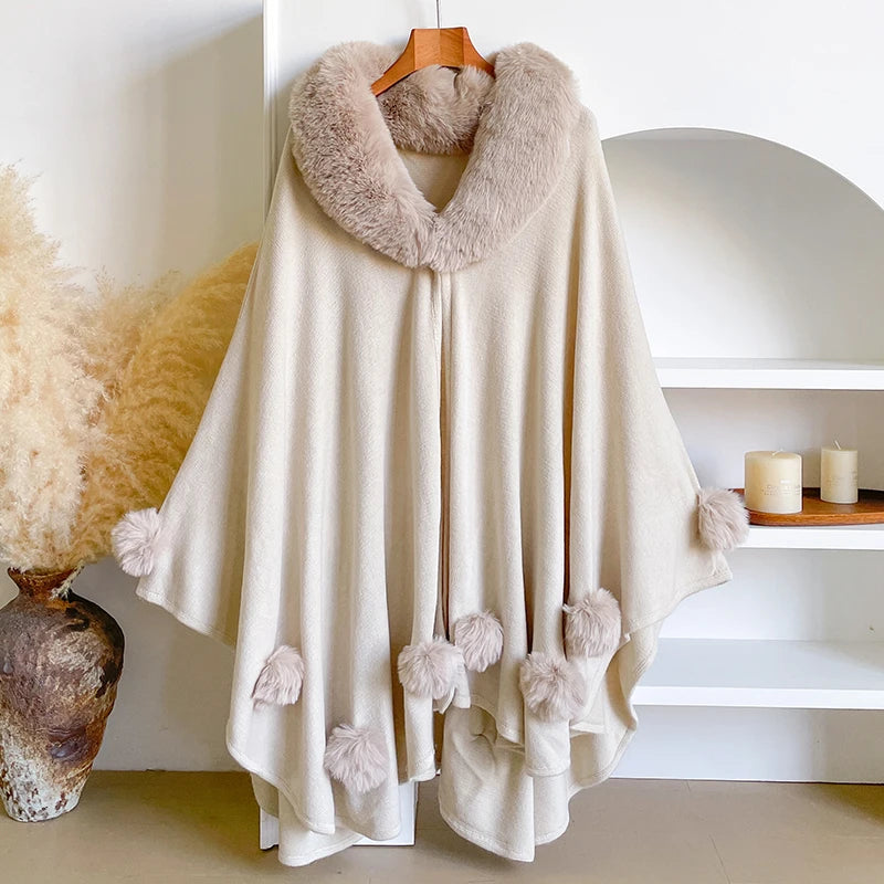 Winter New Thicken Mink Wool Full Trims Faux Fur Cape - Women's Hooded Loose Fleece Cloak Coat for Party Dress Wraps Warm Ivory