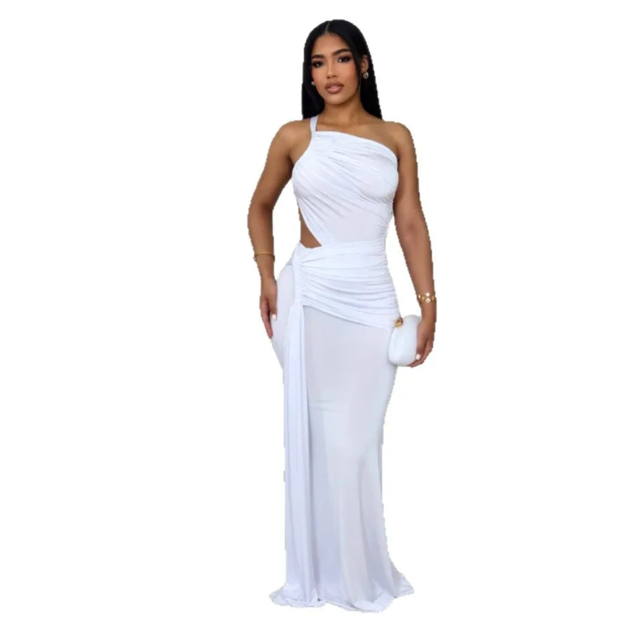 Women Sleeveless Hollow Out Strap Ruched Maxi Long Dress 2025 Summer Street Sexy Party Birthday Evening Dresses Vestidos White