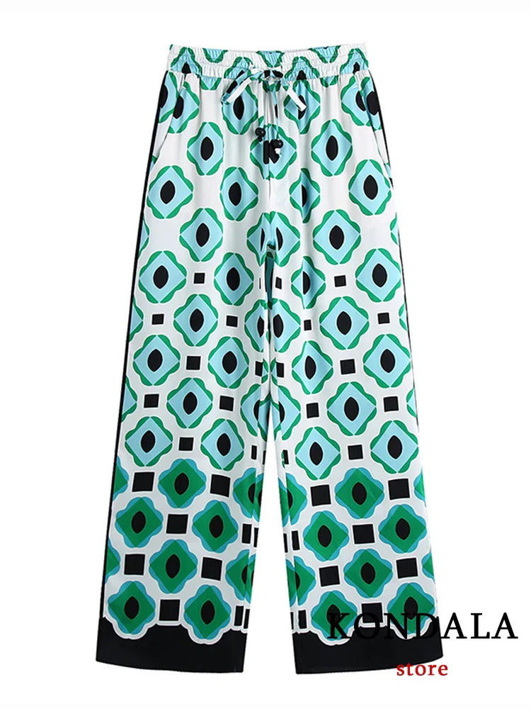 KONDALA Geometric Print Vintage Women Suits Autumn Fashion Oversized Long Shirts and High Waist Wide Leg Pants Women Set pants