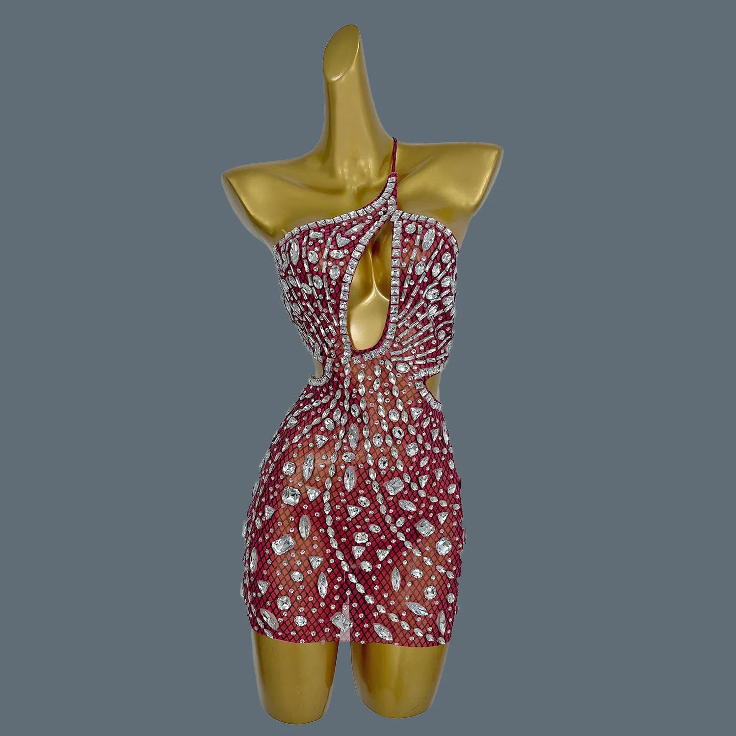 Luxury Women Sparkly Diamonds Backless Hole Sexy Party Mini Dress Performance Club Stage Singer Dancer Wear Party Gown Juanlian Pink