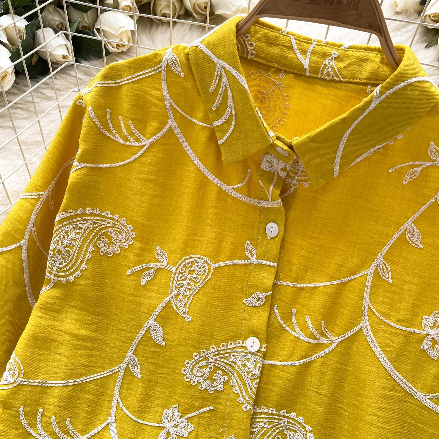 Vintage Elegant Embroidery print turn-down collar Blouse Fashion Single Breasted sweet Shirt Casual Chic Top Fairy Summer Women