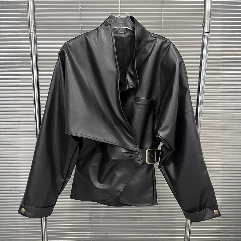 Autumn Winter New Style Loose Stand Collar Long Sleeve Leather Jacket For Women Belt Streetwear Casual Coat 11A07815 Black