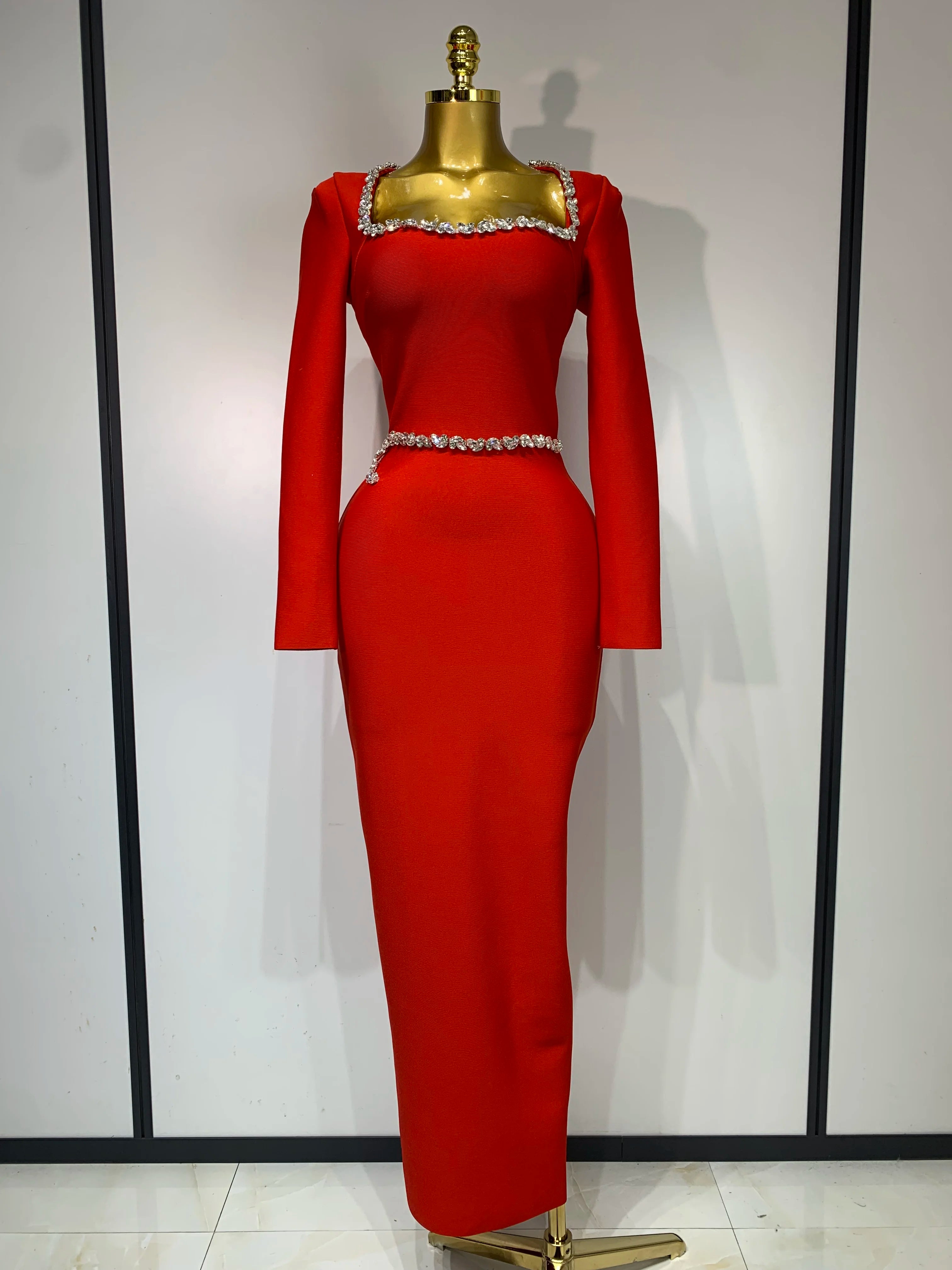 Women Sexy Long Sleeve Diamonds Maxi Long Bodycon Bandage Dress 2025 Celebrity Elegant Evening Party Luxury Birthday Dresses Red