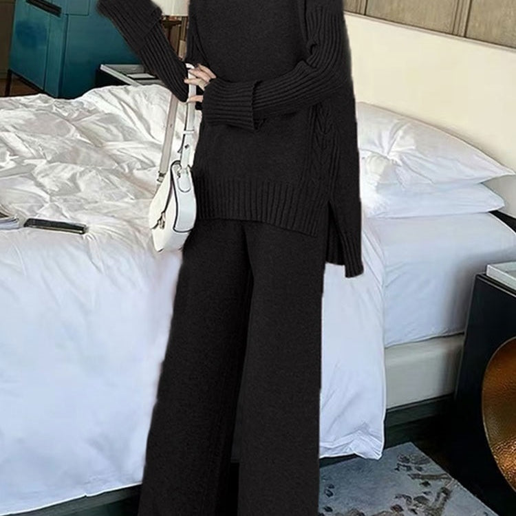Sweater Set Women Tracksuit Spring Autumn Knitted Suits 2 Piece Set Warm Turtleneck Sweater Pullovers Wide Legs Pants