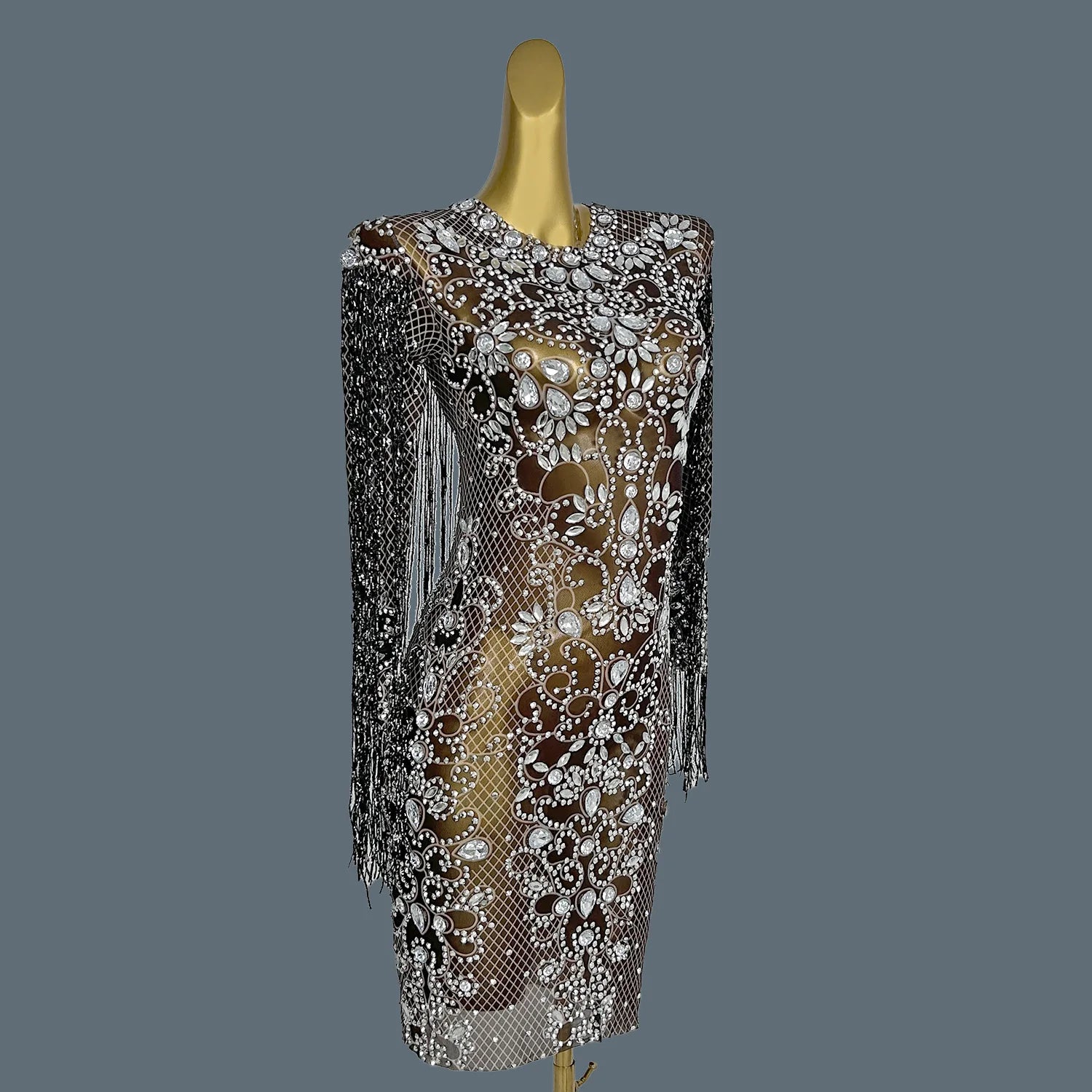 Women Shiny Chain Crystal Diamonds Dress Tassel Elastic Sexy Mini Night Club Performance Costume Birthday Party Dress Hualan