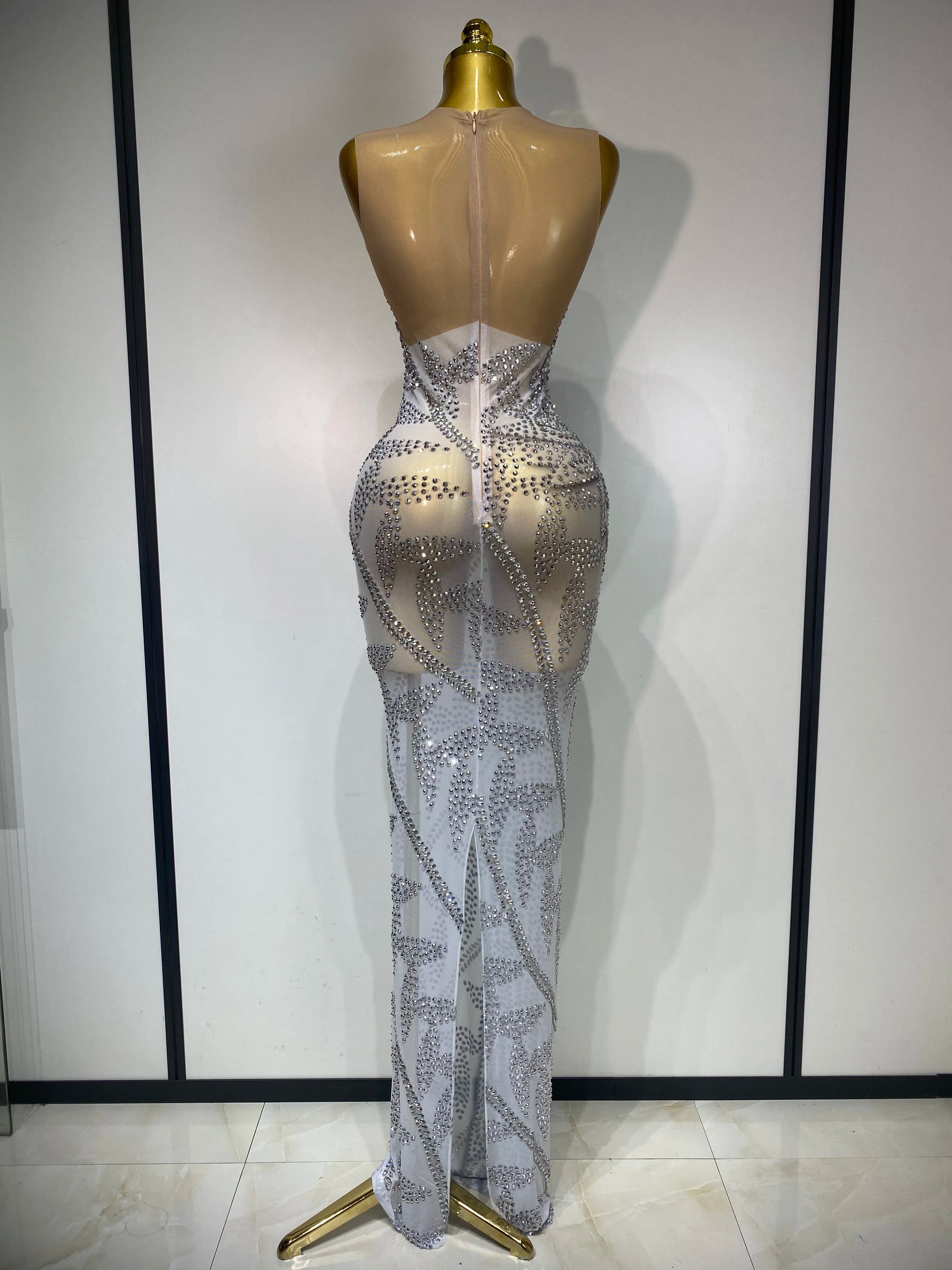 Luxury Rhinestone Sleeveless Silver Long Dress Women Sexy Mesh See Through Evening Prom Birthday Photo Shoot Singer Stage Outfit