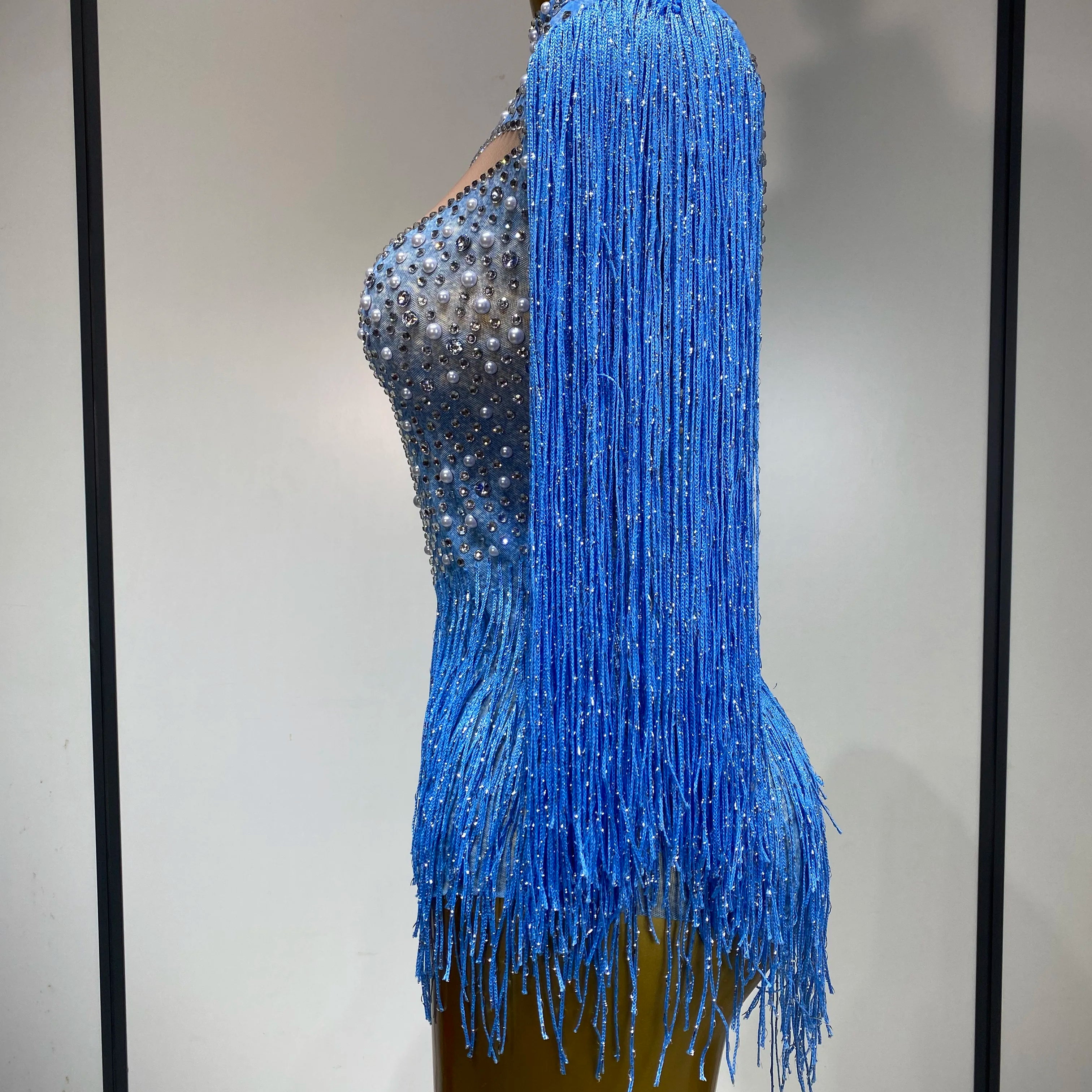 Sparkly Luxury Tassel Bodysuit High Street Strech Transparent Performance Dance Costume Nightclub Celebrate Stage Outfit