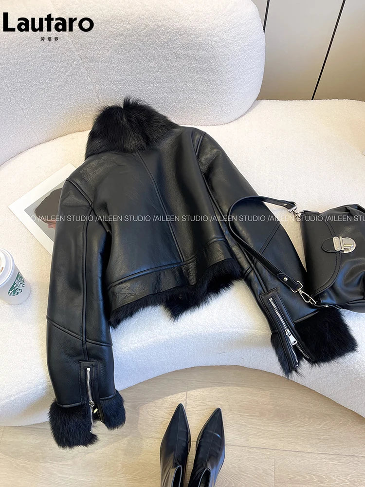 Lautaro Autumn Winter Cool Short Loose Black Thick Warm Soft Hairy Faux Sheepskin Coat Women Luxury Designer Fluffy Jacket 2025