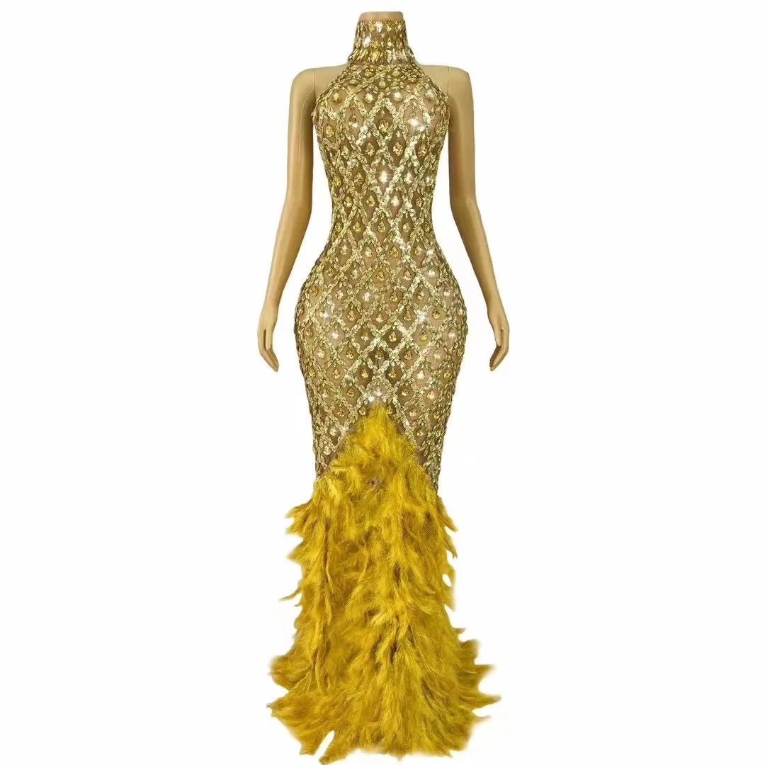 Luxury Shining Gold Rhinestones Feather Sexy Mesh Long Dress Women Birthday Evening Red Carpet Fashion Show Gown Stage Costume