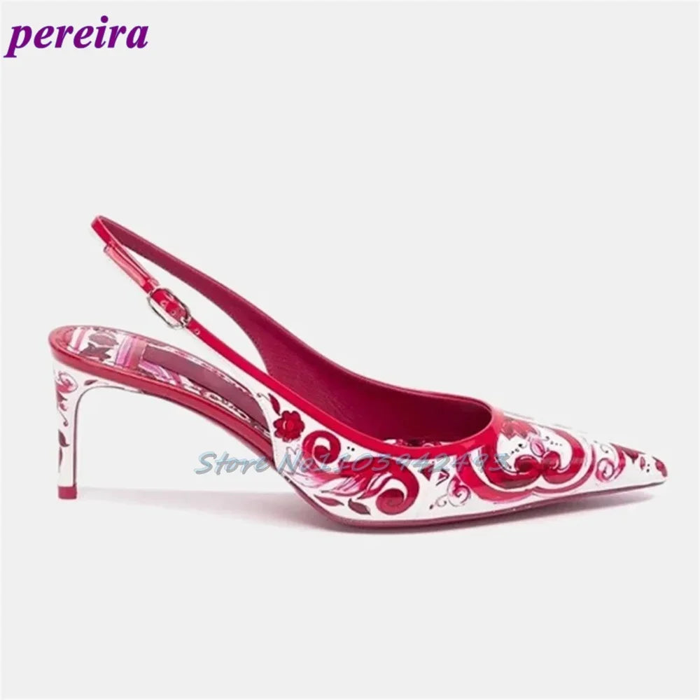 Red Mixed Color Sandals Women Luxury Designer Pointed Toe High Heels 6CM Back Strap Lambskin Buckle Strap Summer Prints Shoes