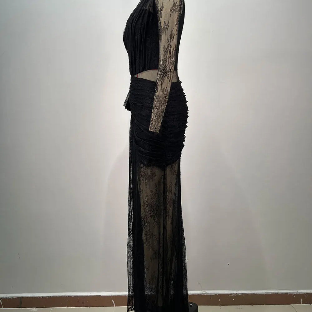 2025 Women's Light Luxury Lace Maxi Dress Diagonal Collar Lace Long Sleeve Bodycon Draped Split Sexy Long Dresses Party Vestidos