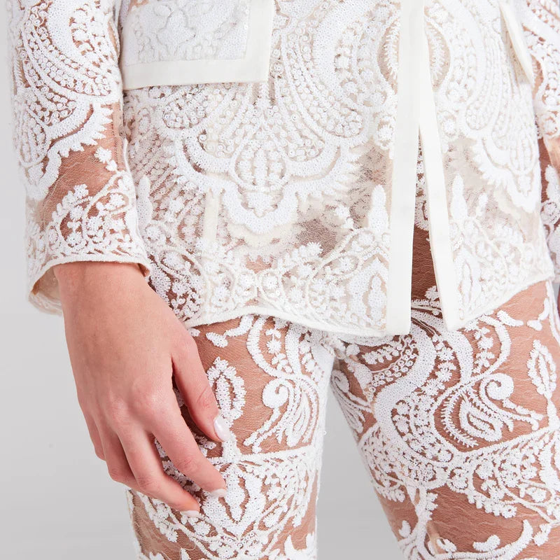 2023 White Lace Fashionable Woman Set Sexy See Through Suit Coat And Flare Pants 2 Pieces Evening Party Outfit